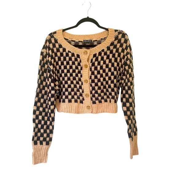 For love & lemons tan and black checkered cropped cardigan sweater size small - Picture 1 of 15